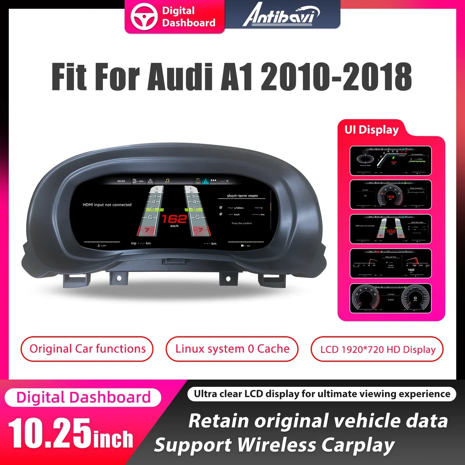 Compteur digital Audi A1 8X vue de face, écran LCD installé