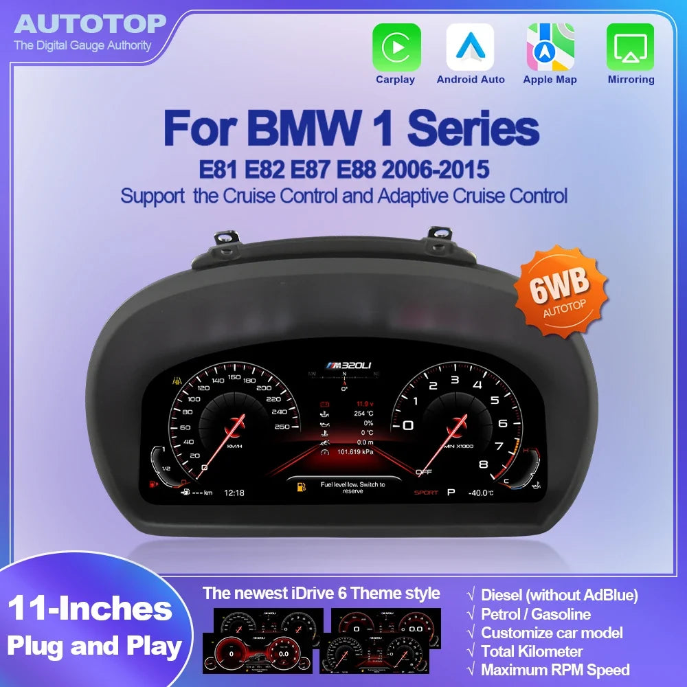 Compteur digital BMW Série 1 E87 installé à la place du combiné d'origine, vue de face