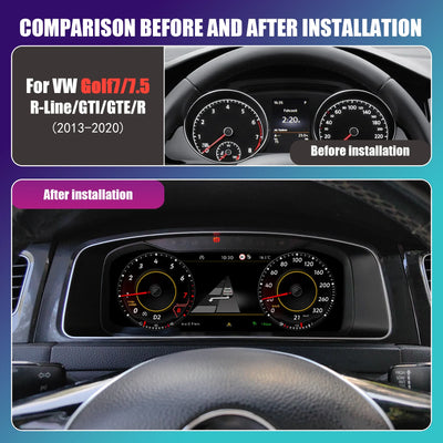 Gros plan sur l'affichage du compteur digital Golf 7, vitesse et navigation