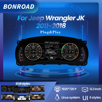 Compteur digital Jeep Wrangler JK vue de face, dalle 12,3 pouces installée