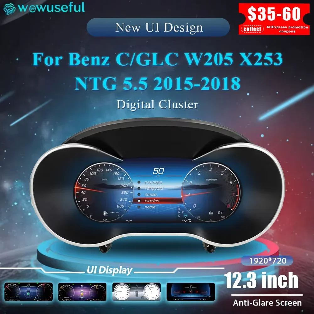 Compteur digital Mercedes W205 GLC vue de face, dalle 12,3 pouces installée