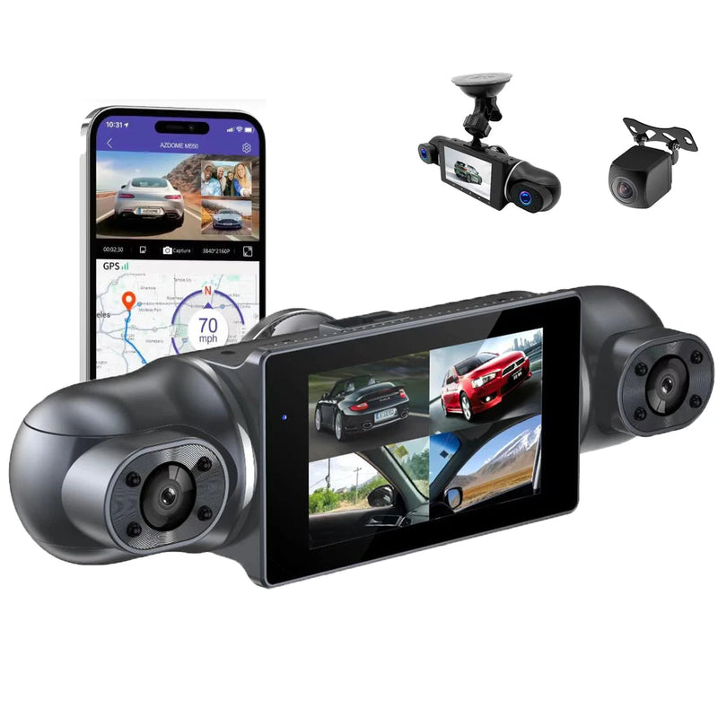 Dashcam Voiture 360° 4 Caméras 1080P – Écran, Objectifs Orientables, GPS, Wi-Fi, SD 128 Go