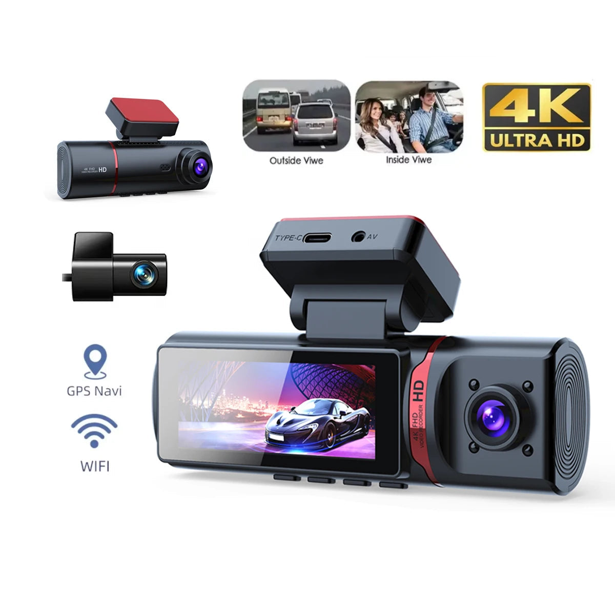 Dashcam avant arrière 4K 3 objectifs WiFi GPS