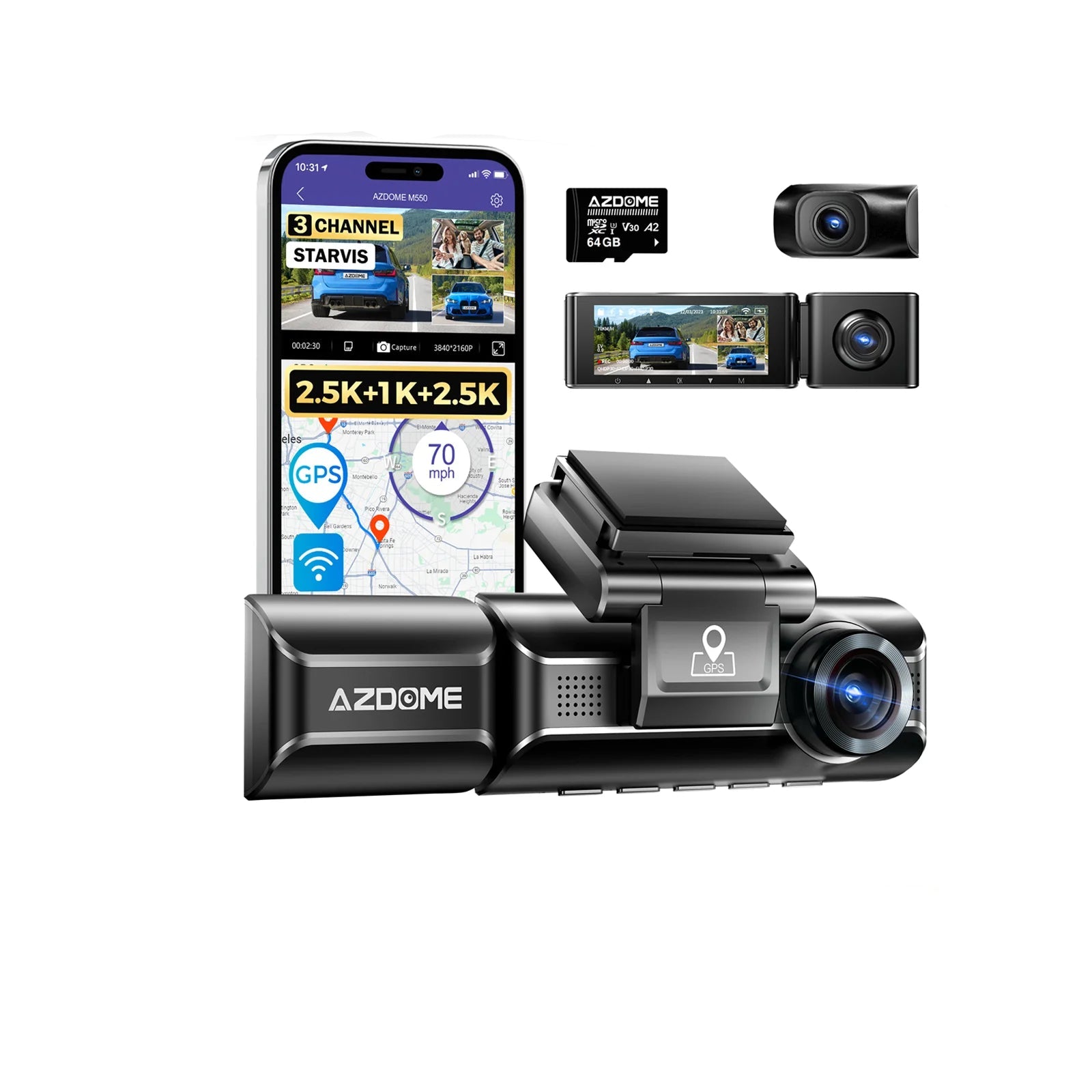 Dashcam pare-brise 4K triple objectif GPS WiFi