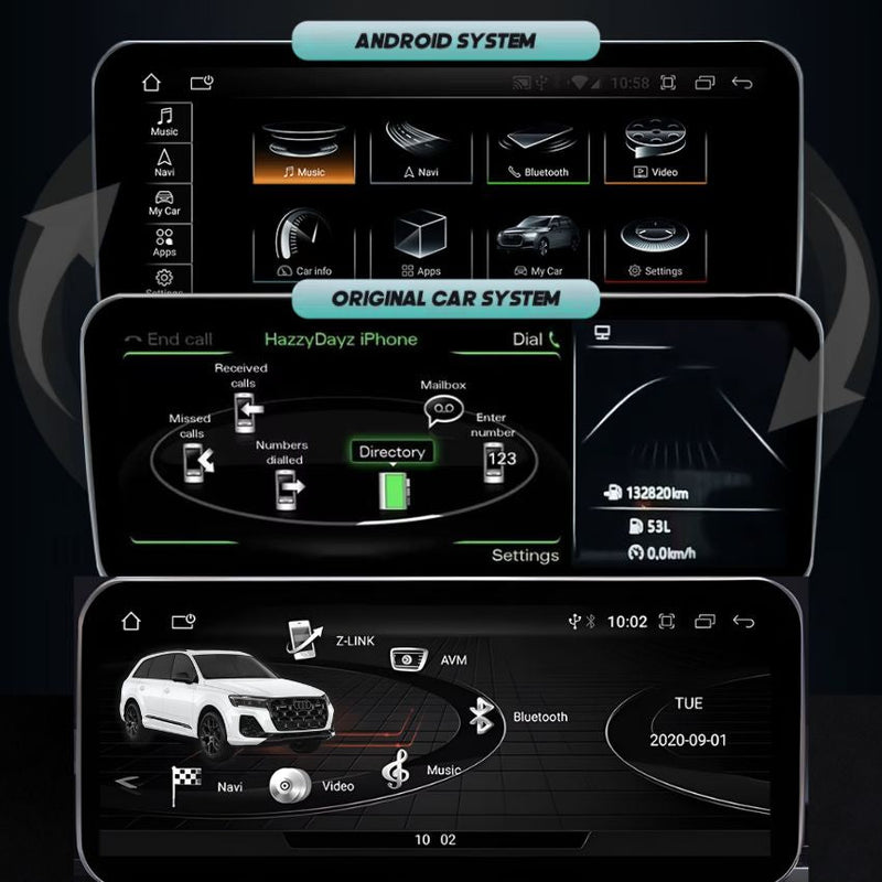 Écran CarPlay Audi Q7 4L (2006-2015) – MMI 2G ou 3G, 4 Go / 32 Go, cadre noir ou gris, vue 4
