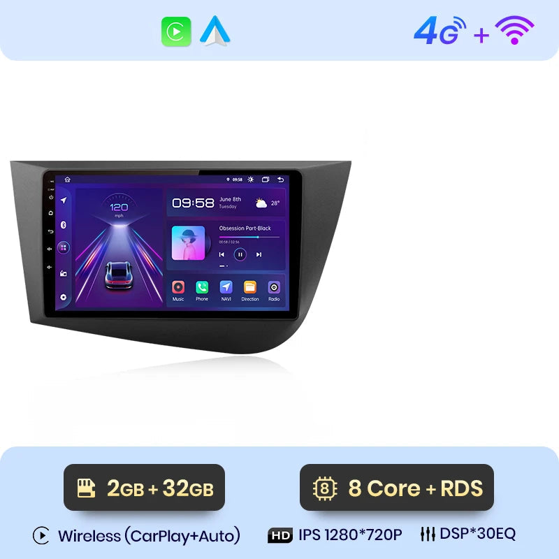 Écran CarPlay Seat Leon 2 Android 12 4G Bluetooth 8 cœurs