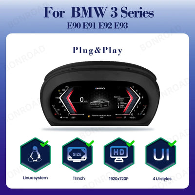 Gros plan sur l'affichage de l'écran digital BMW Série 3, vitesse et navigation