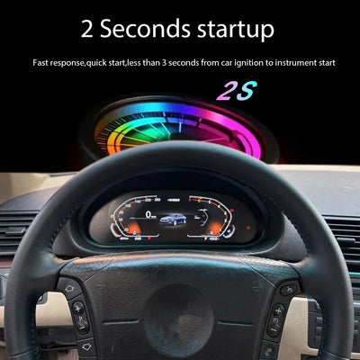 Instrumentation numérique BMW E46 montée sur véhicule, vue depuis le siège conducteur
