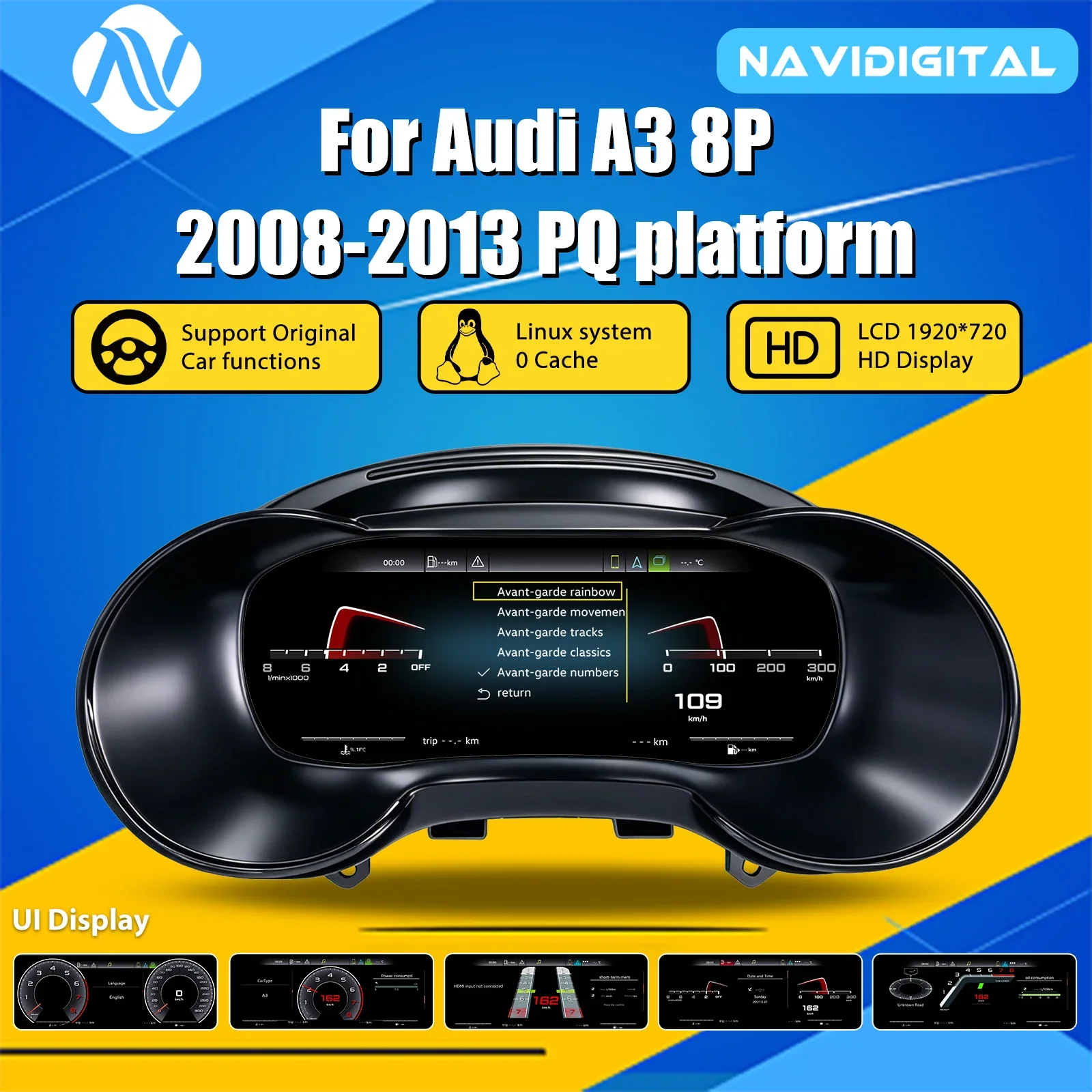 Virtual cockpit Audi A3 8P vue de face, compteur numérique installé
