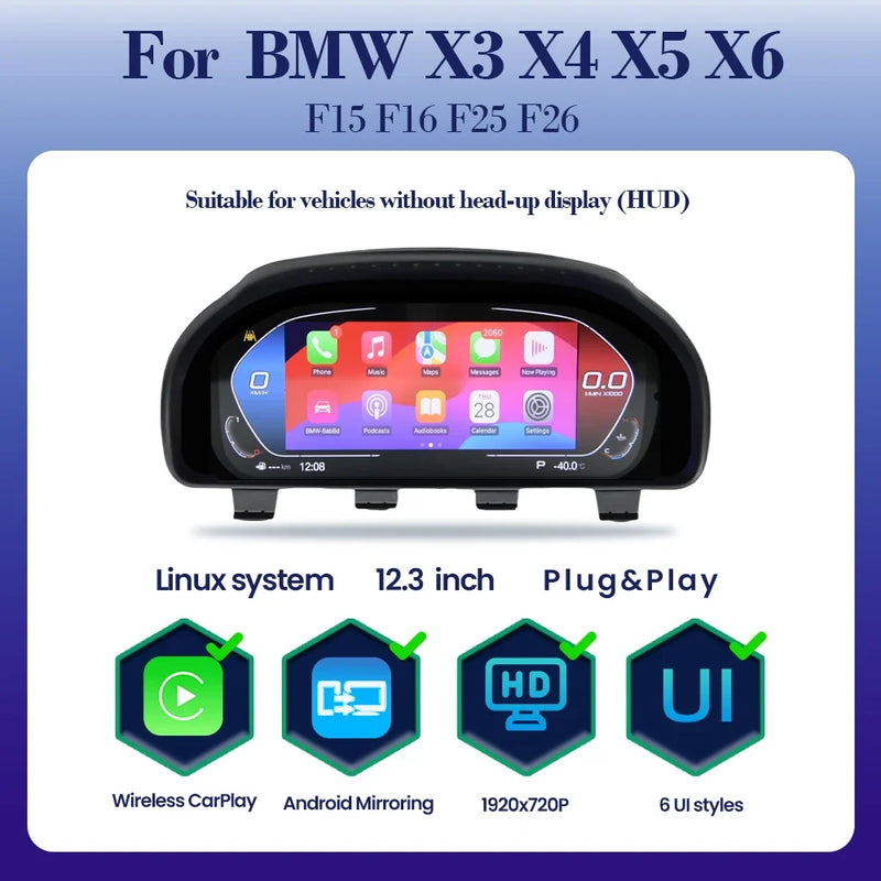 Compteur Digital CarPlay BMW X3 X4 X5 X6 (F25 F26 F15 F16) – Écran 12,3 pouces, sans HUD, vue 8