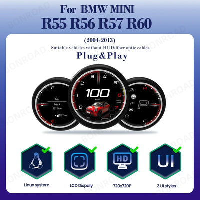 Vue de dessus du tableau de bord numérique Mini Cooper et de sa dalle LCD