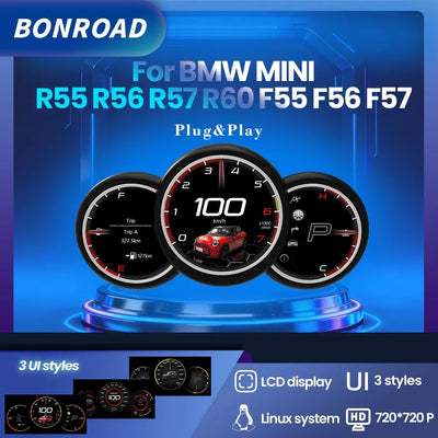 Tableau de bord numérique Mini Cooper vue de face, dalle LCD installée