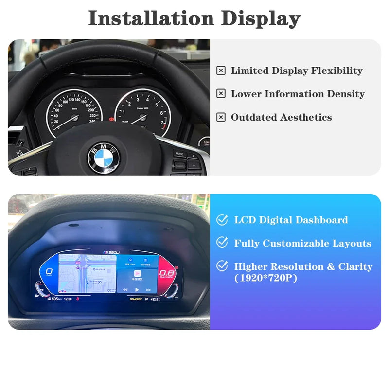 Compteur digital BMW Série 1 E87 installé à la place du combiné d'origine, vue de face